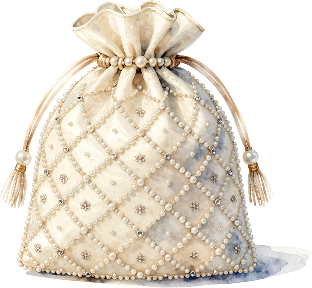 Pristine Ivory Potli Bag, covered in a pearl quilted pattern with tiny blossoms, a gorgeous Bridal PNG Clipart