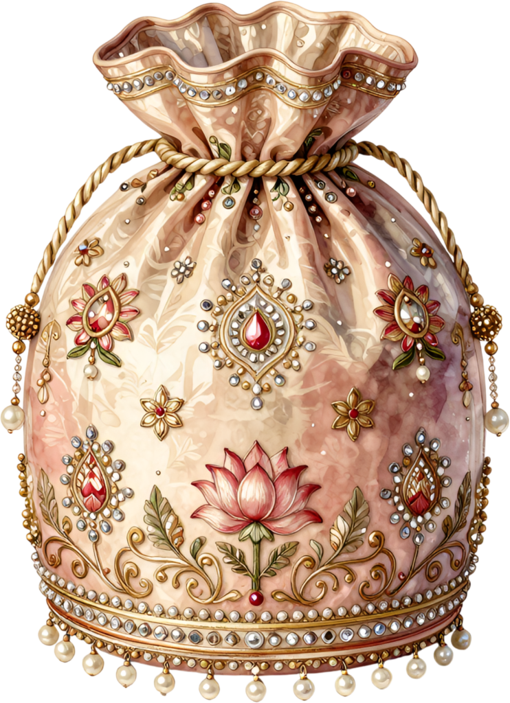 Blush Pink Potli Bag, embellished with intricate jeweled motifs and a pink lotus, a vibrant Bridal PNG Clipart