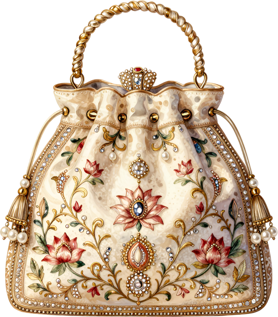 Exquisite Cream Potli Purse, featuring a gilded handle and sparkling lotus design, a magnificent Bridal PNG Clipart
