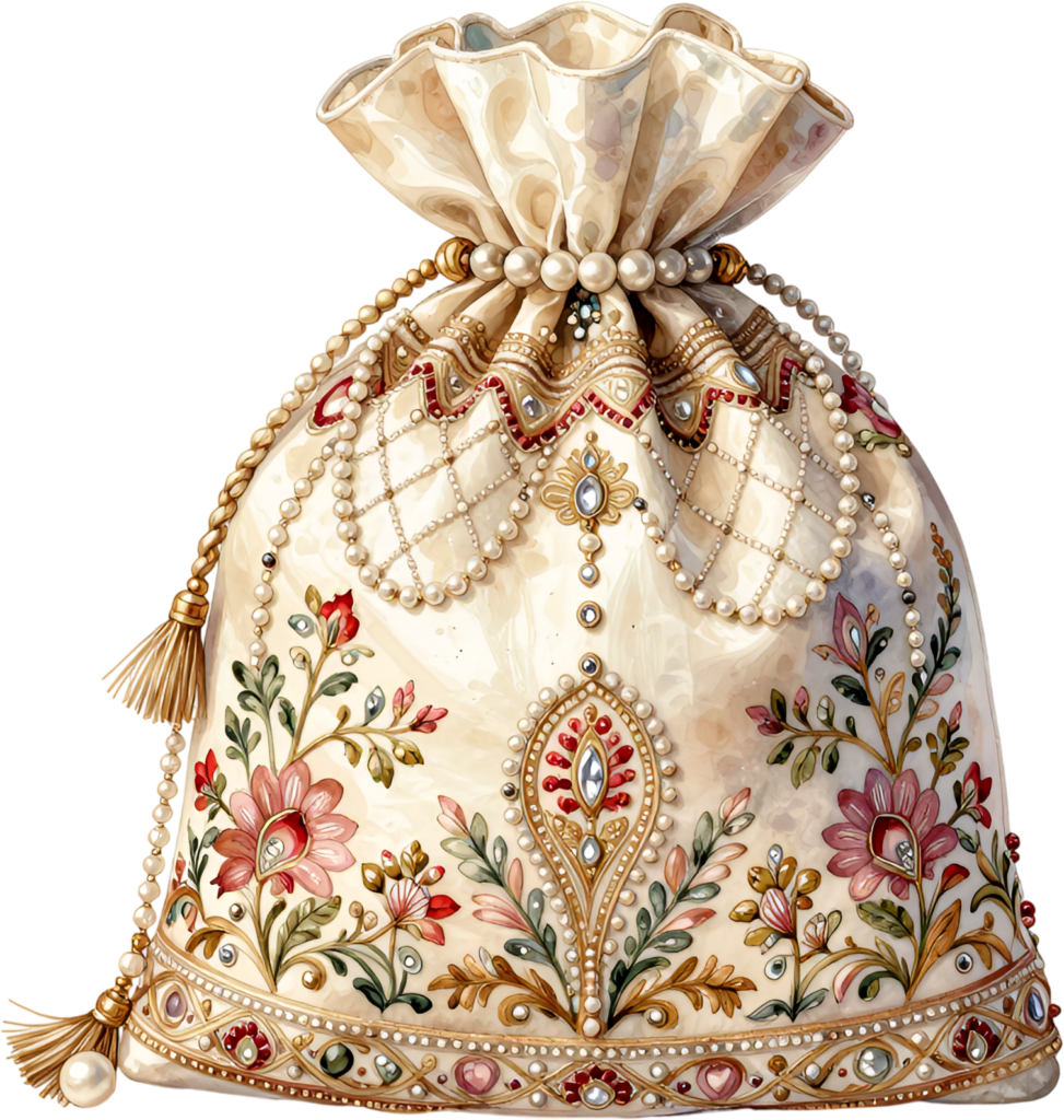 Elegant Ivory Potli Bag, with cascading pearl strings and vibrant floral embroidery, a beautiful Bridal PNG Clipart