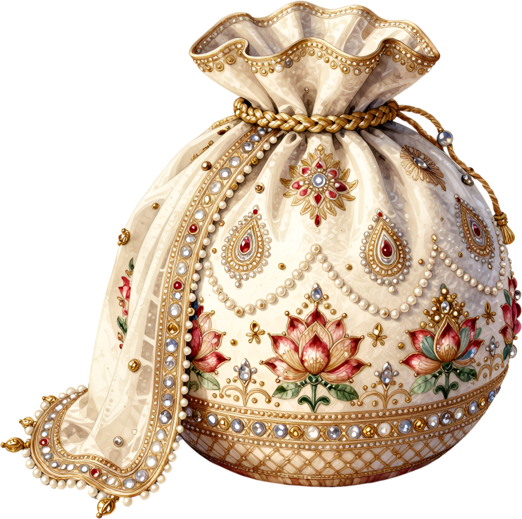 Opulent Cream Potli Pouch, draped with pearl garlands and rich lotus designs, an ideal Bridal PNG Clipart