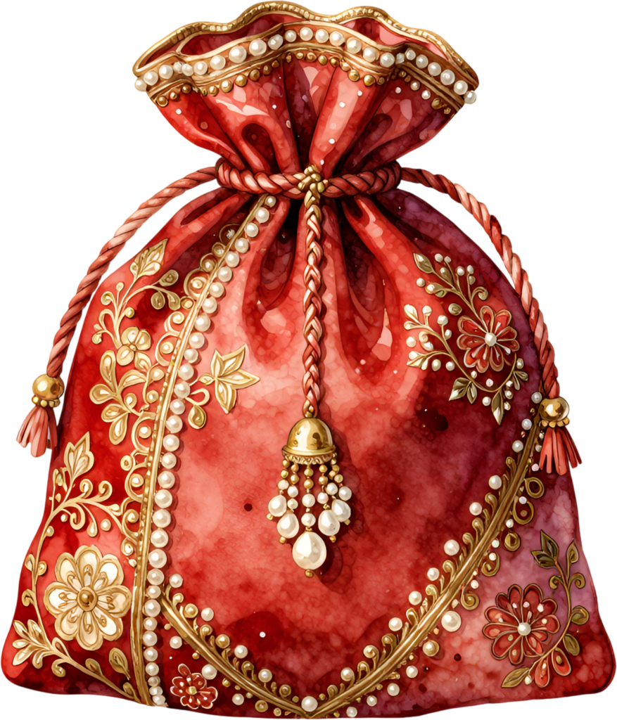 Festive Red Potli Bag, adorned with golden floral patterns and pearl tassels, a charming Bridal PNG Clipart piece