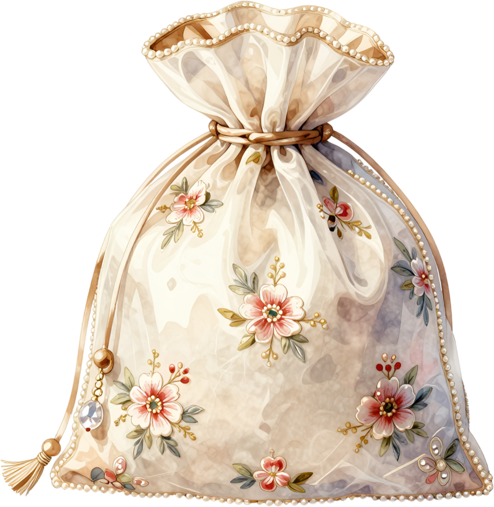 Sheer Beige Potli Bag, printed with delicate pink flowers and pearl accents, perfect for a Bridal PNG Clipart