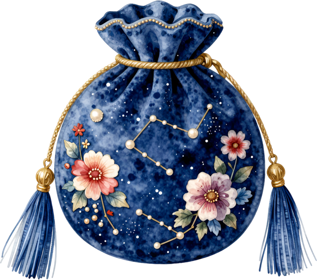 Celestial Blue Potli Pouch, featuring a delicate constellation and colorful blossoms, a unique Bridal PNG Clipart