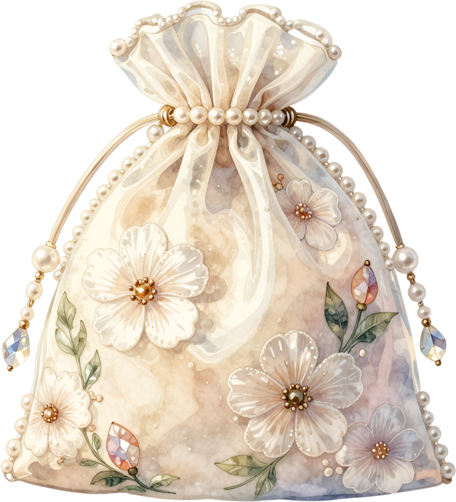 Dreamy Ivory Potli Bag, embellished with elegant white flowers and sparkling gems, a lovely Bridal PNG Clipart