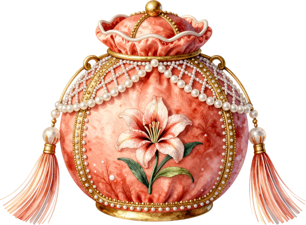 Vibrant Coral Potli Bag, designed with a grand lily and pearl-studded frame, a splendid Bridal PNG Clipart