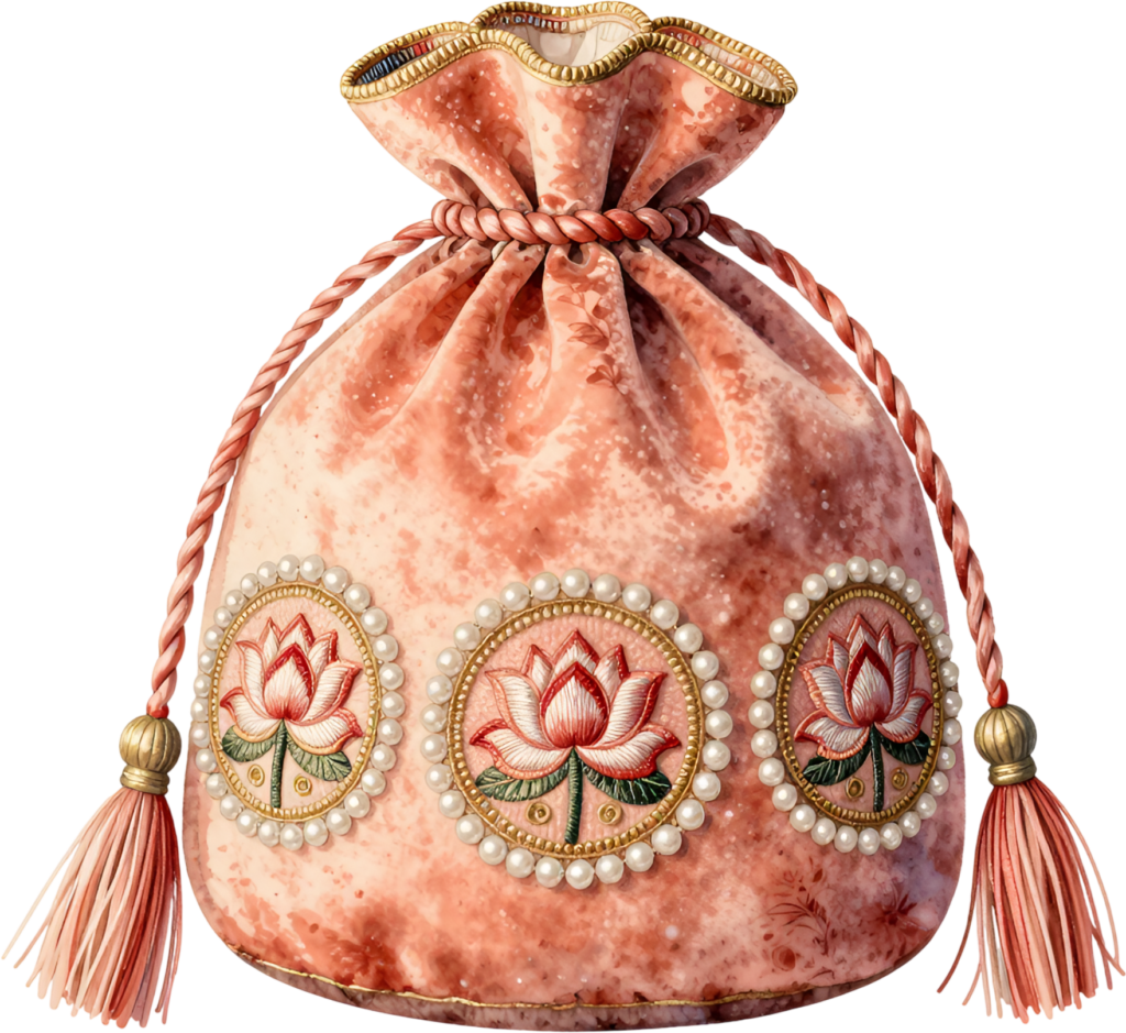 Potli Bag adorned with lotus embroidery, ideal Wedding Potli Bag design PNG illustration asset.