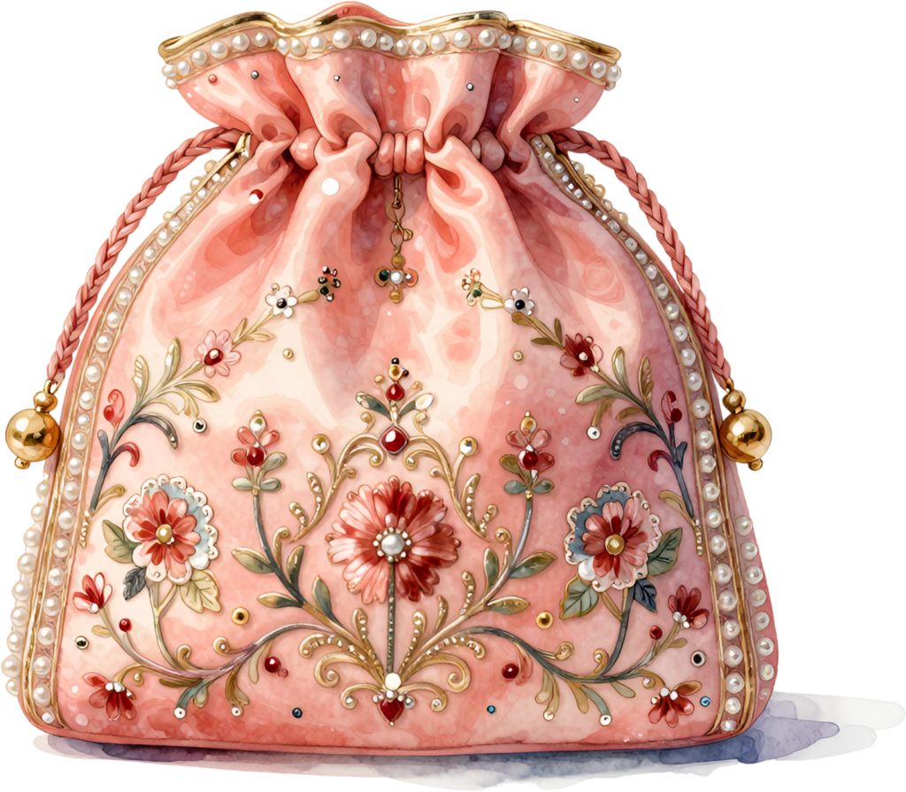 Enhance your projects with this exquisite Potli Pouch featuring intricate floral patterns, a charming Wedding Bag PNG illustration.