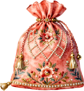 Vibrant Coral Potli Bag, designed with a grand lily and pearl-studded frame, a splendid Bridal PNG Clipart 4 - Vibrant Coral Potli Bag, designed with a grand lily and pearl-studded frame, a splendid Bridal PNG Clipart Free PNG Download