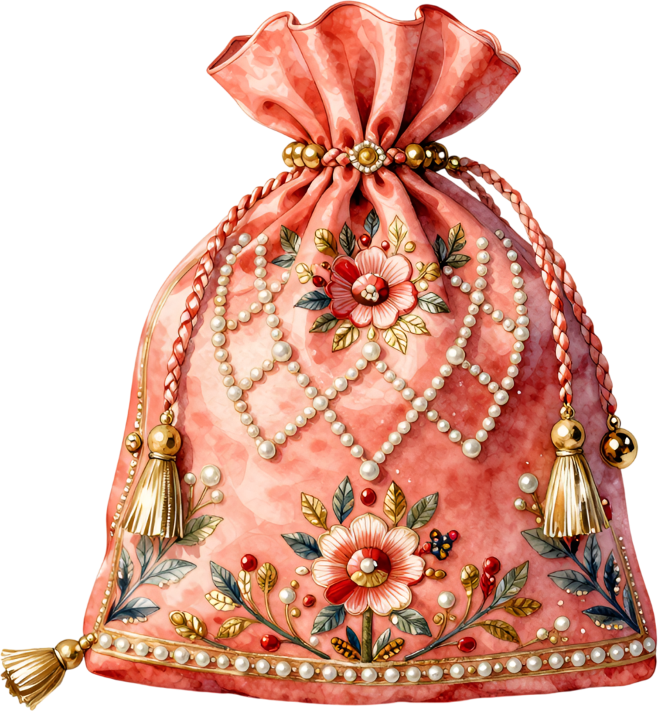 Create stunning visuals using this decorative Potli Bag, showcasing a beautiful pearl net design, perfect for Wedding Bag PNG illustration.
