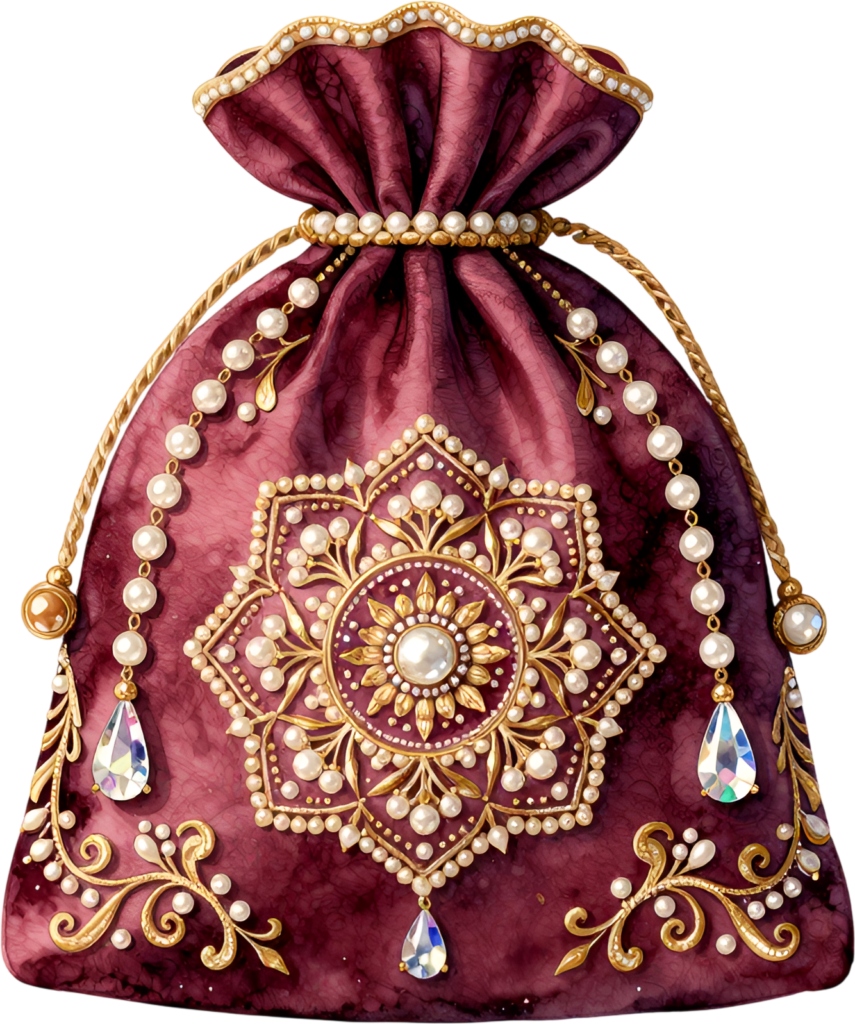 A majestic Potli Bag in rich maroon, featuring a central ornate medallion, ideal for luxury Wedding Bag PNG illustration projects.