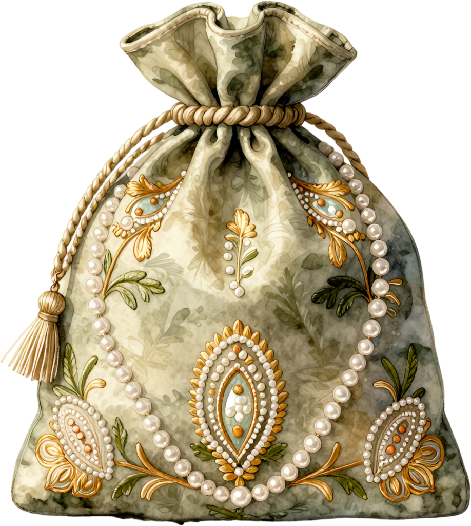 This elegant Potli Pouch offers a delicate sage green hue with intricate gold paisley and pearl drapes, a beautiful Wedding Bag PNG illustration.