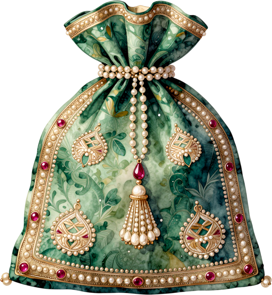 Adorn your designs with this emerald Potli Bag, featuring lavish gold trim, ruby-like gems, and pearl accents, a splendid Wedding Bag PNG illustration.