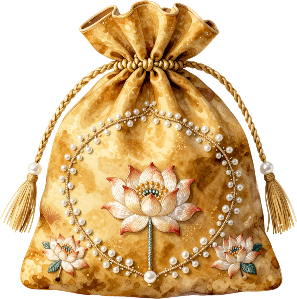 Discover this vibrant Potli Bag in golden yellow, showcasing intricate lotus flowers framed by pearls, a radiant Wedding Bag PNG illustration.