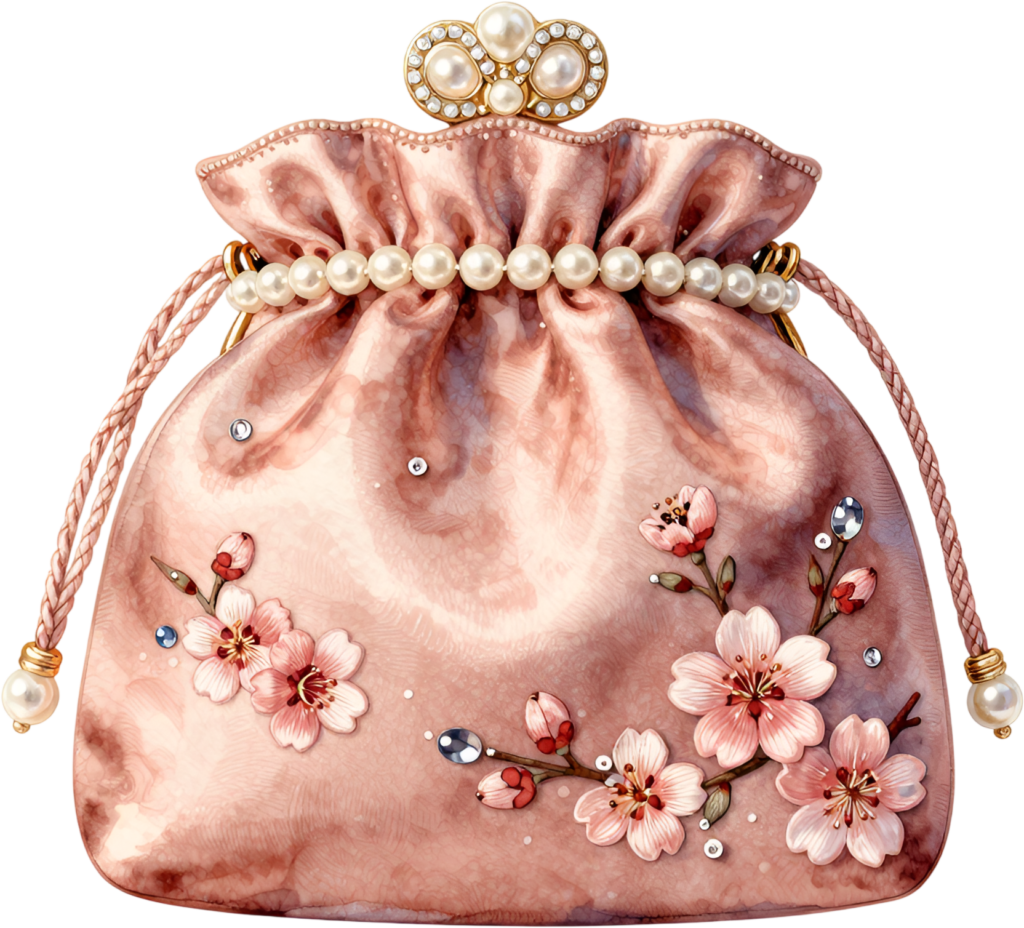 Presenting a charming Potli Clutch in soft pink, embellished with delicate cherry blossoms and sparkling gems, an enchanting Wedding Bag PNG illustration.