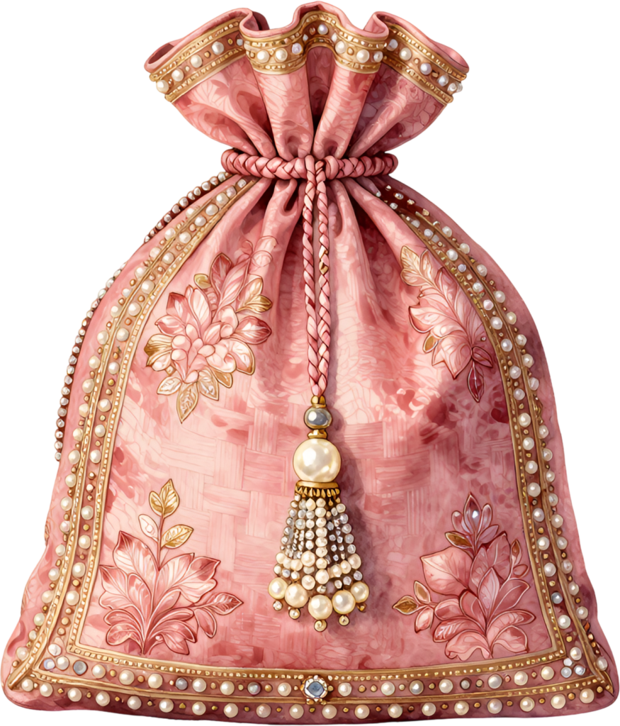 Craft beautiful event stationery using this stunning Potli Bag, a pink masterpiece with elaborate floral embroidery and grand pearl tassel, a Wedding Bag PNG illustration.