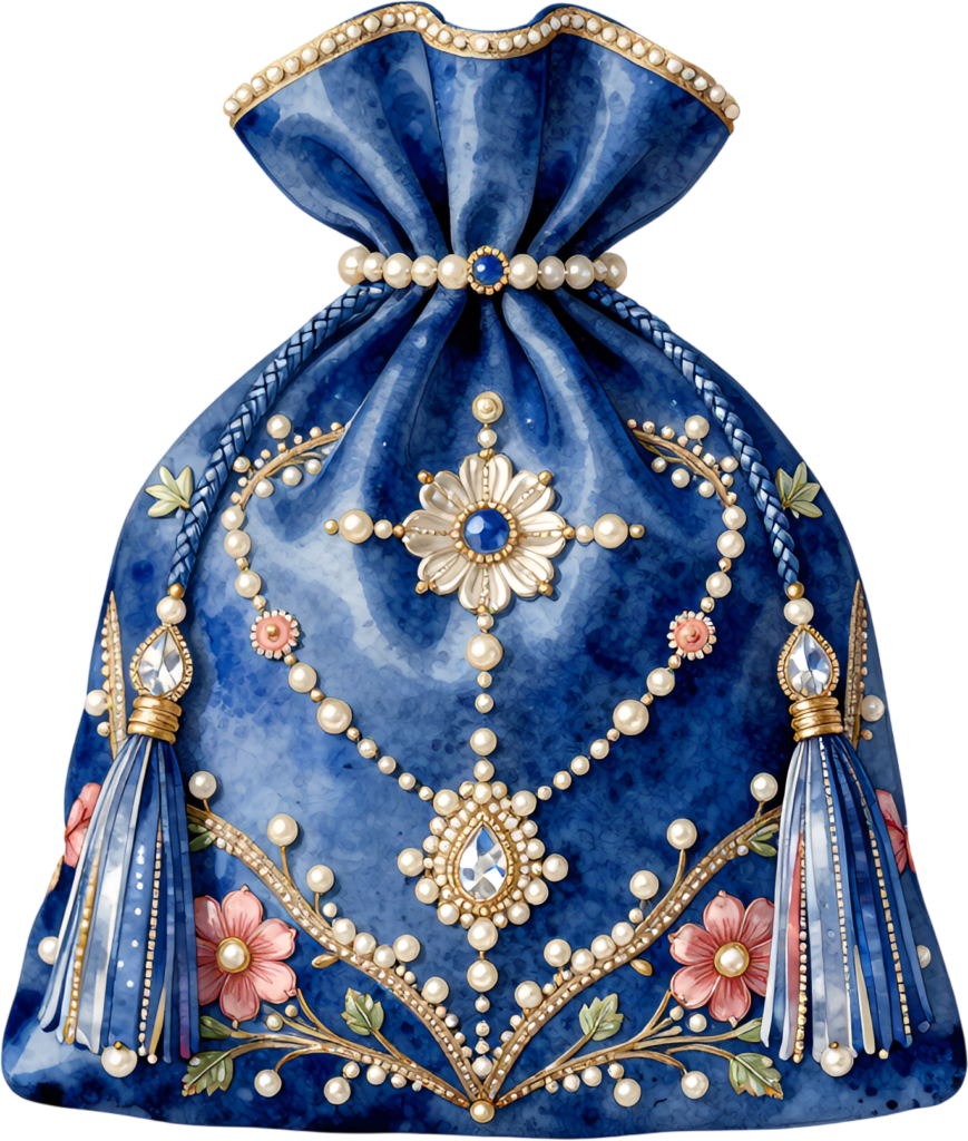 Elevate your design projects with this regal Potli Bag in royal blue, adorned with a central jewel, pearl drapes, and floral accents, a Wedding Bag PNG illustration.
