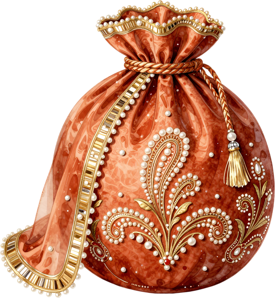 An intricately designed Potli Purse in a rich terracotta hue, featuring a grand paisley motif and flowing sheer fabric, perfect for a Wedding Bag PNG illustration.