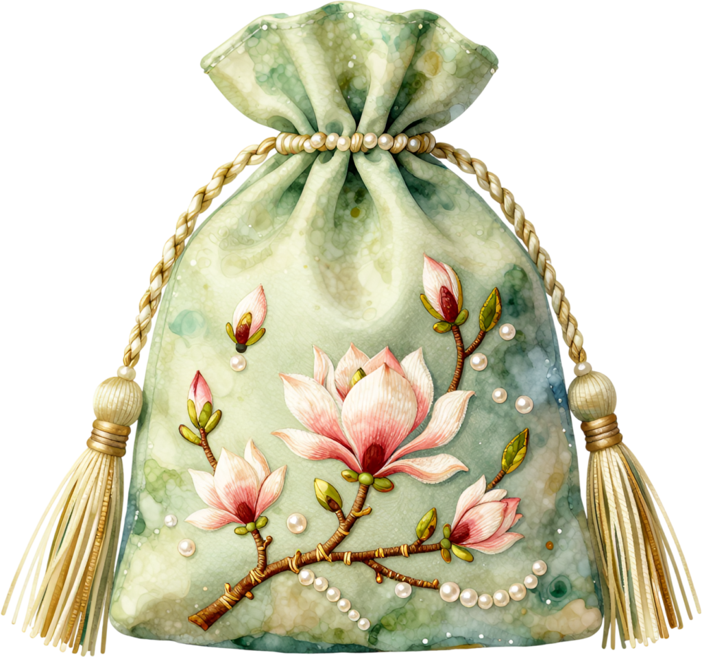 For elegant themes, utilize this serene Potli Bag in soft mint green, adorned with graceful magnolia blooms and scattered pearls, a lovely Wedding Bag PNG illustration.