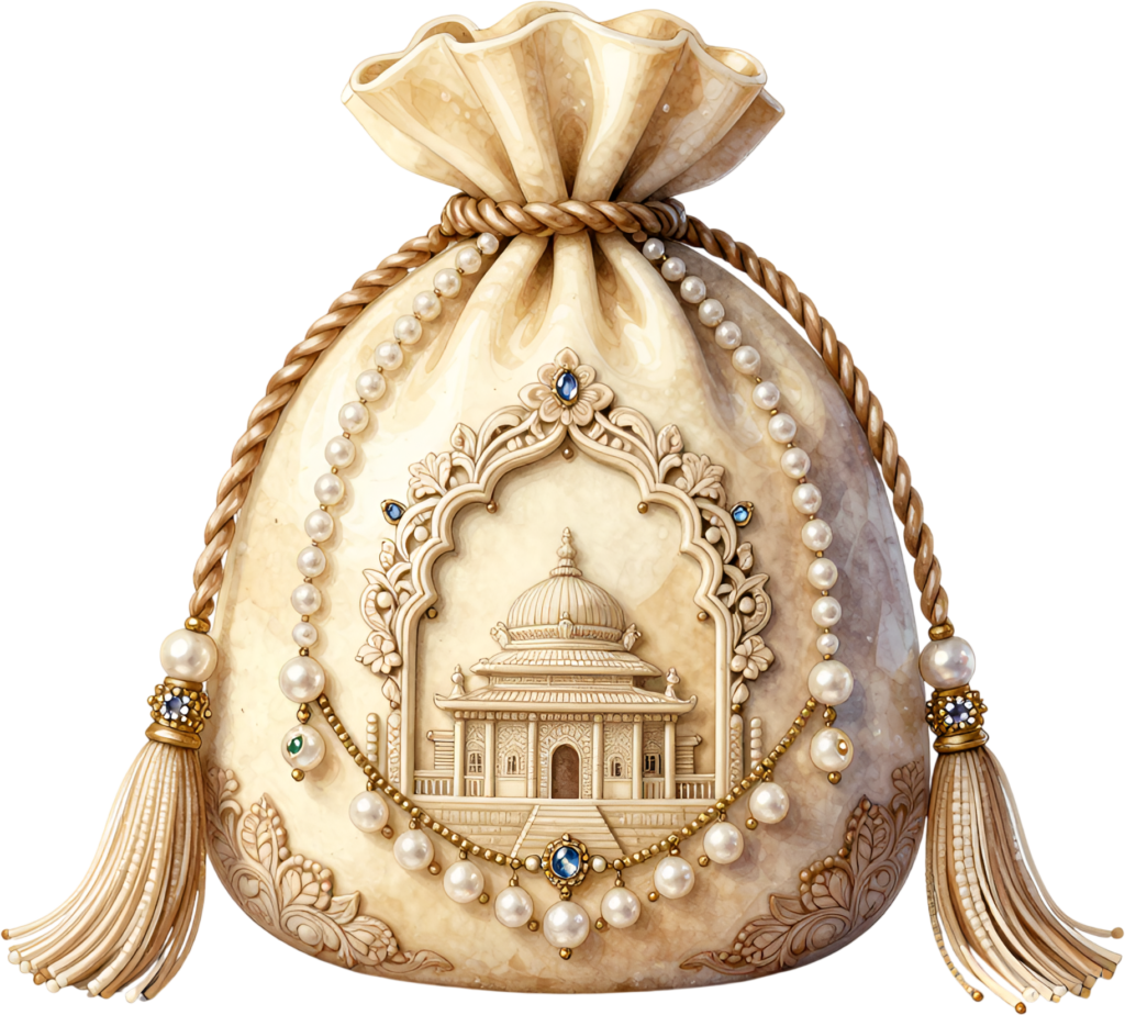 Showcase grandeur with this unique Potli Bag, an ivory masterpiece featuring a detailed temple archway and a draped pearl necklace, a special Wedding Bag PNG illustration.