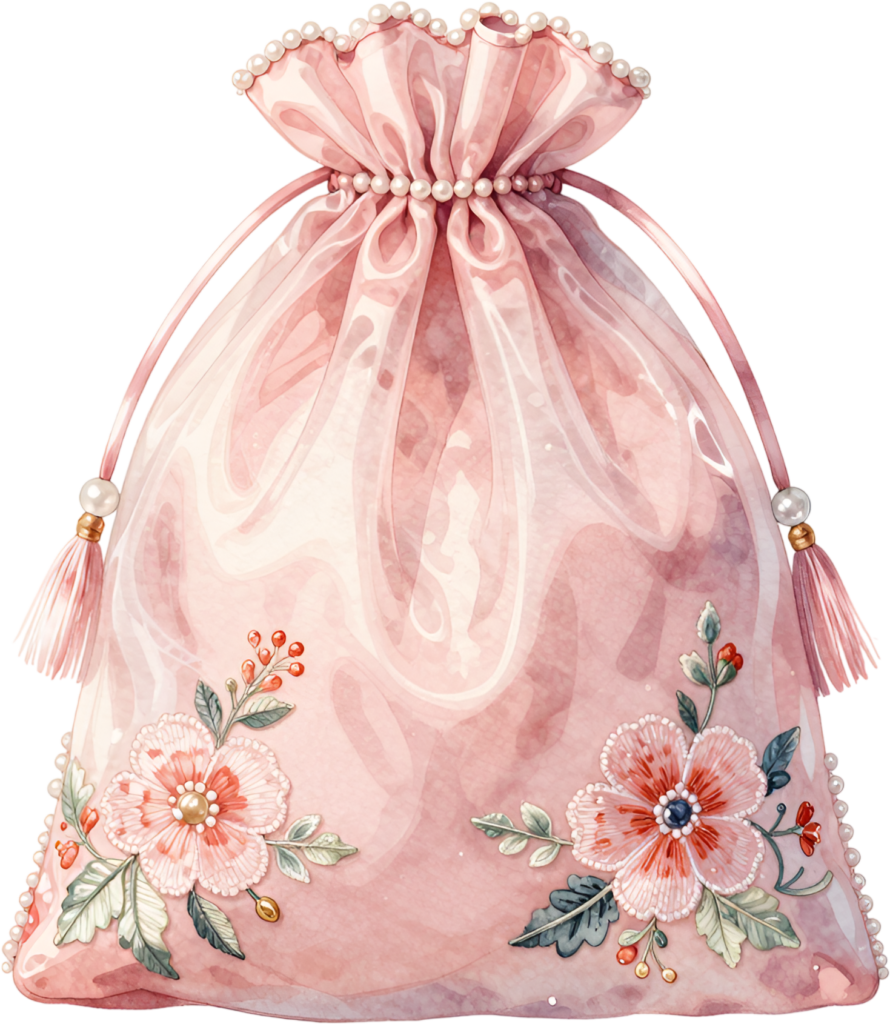 Achieve a delicate aesthetic using this sheer Potli Bag in soft pink, embellished with scattered flowers and a pearl-lined base, a charming Wedding Bag PNG illustration.