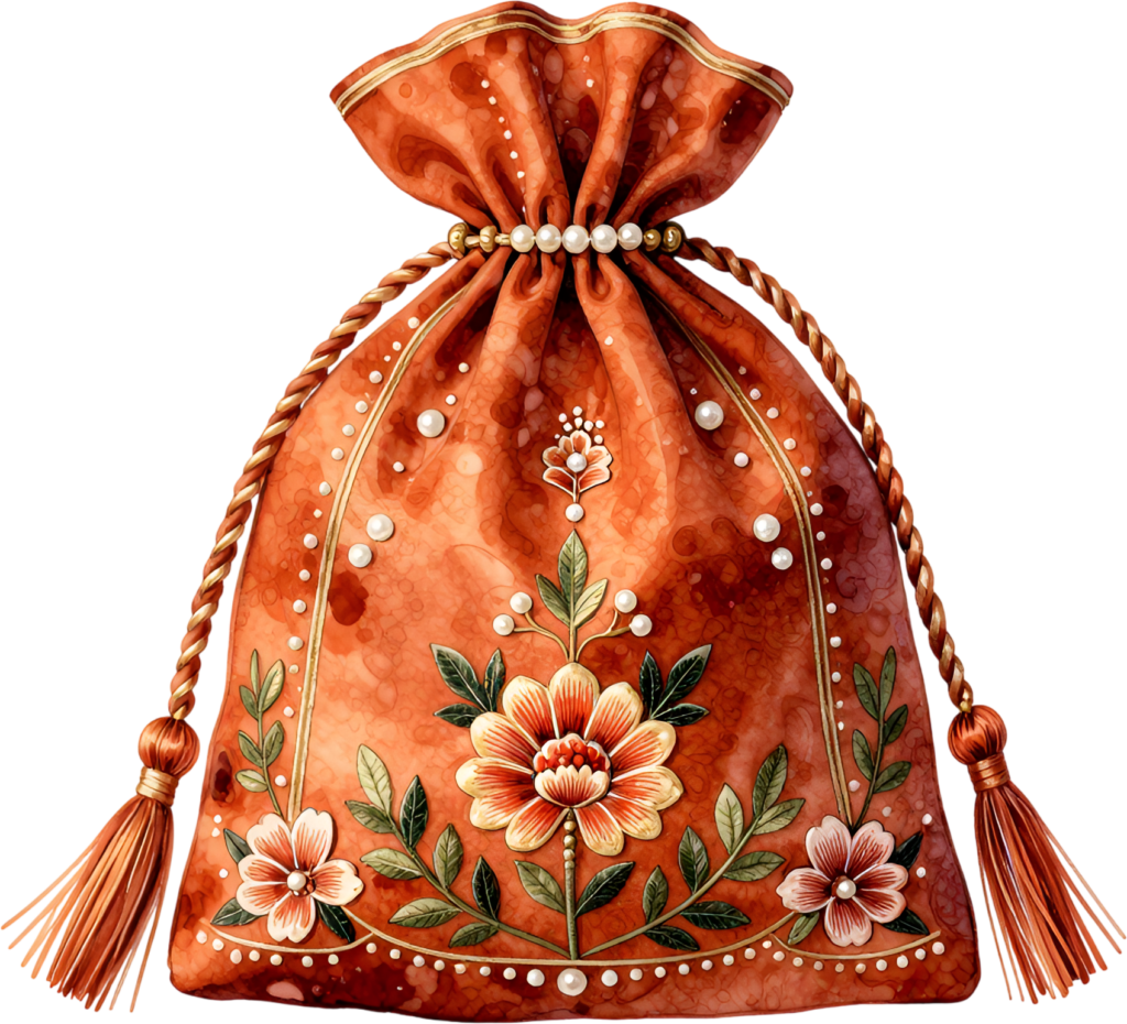 Introduce warmth with this striking Potli Bag in rustic orange, featuring a bold central flower and delicate pearl embellishments, a festive Wedding Bag PNG illustration.