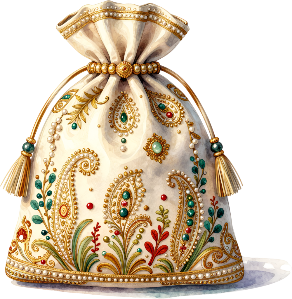 This traditional Potli Bag in creamy ivory, adorned with colorful paisley motifs and sparkling gems, makes a vibrant Wedding Bag PNG illustration.