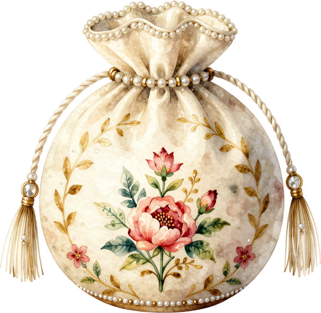 Captivate your audience with this elegant Potli Bag, an ivory canvas showcasing a magnificent peony bloom and golden leafy accents, perfect for a Wedding Bag PNG illustration.
