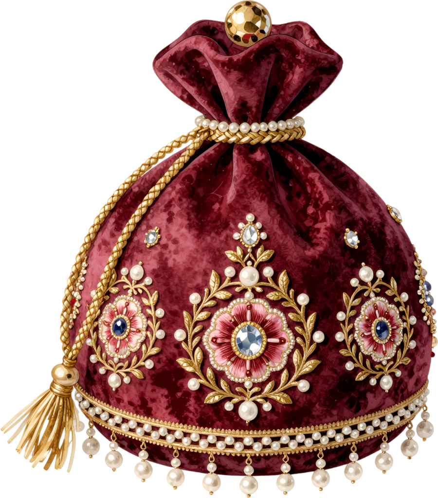 Embrace opulence with this lavish Potli Bag, a rich burgundy velvet creation featuring intricate jeweled flowers and cascading pearl fringe, a luxurious Wedding Bag PNG illustration.