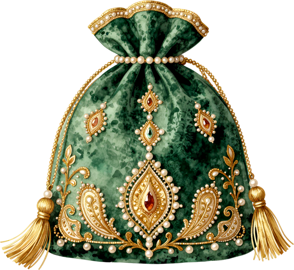 Design with flair using this striking Potli Purse in deep emerald green, showcasing an ornate central jewel and detailed paisley accents, a vibrant Wedding Bag PNG illustration.