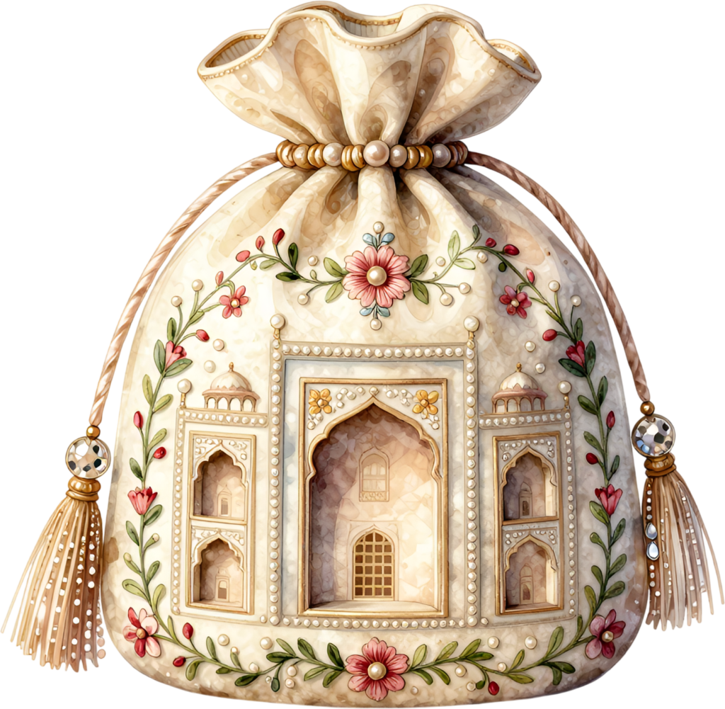 Highlight historical beauty with this exquisite Potli Bag, an ivory piece featuring Mughal archways, delicate floral borders, and soft pearls, a refined Wedding Bag PNG illustration.