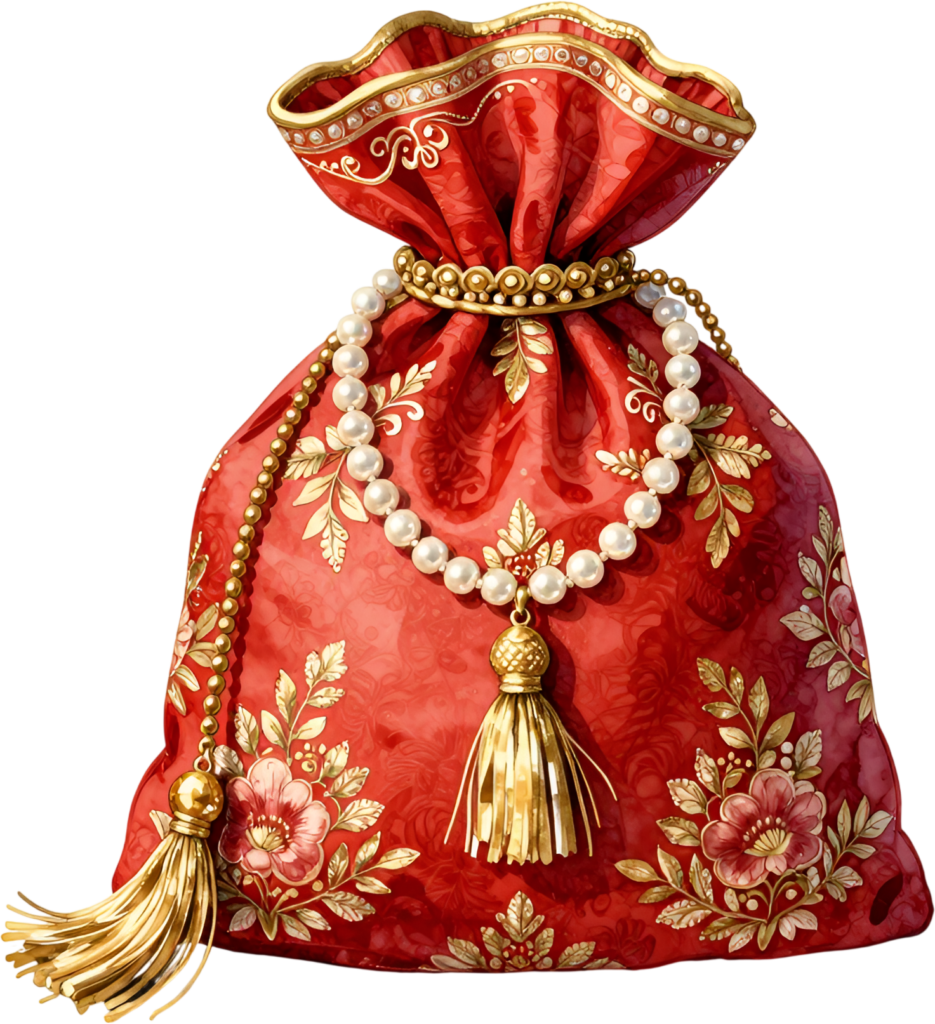 Command attention with this vibrant Potli Bag in fiery red, lavishly embroidered with golden floral patterns and draped with a pearl necklace, a bold Wedding Bag PNG illustration.