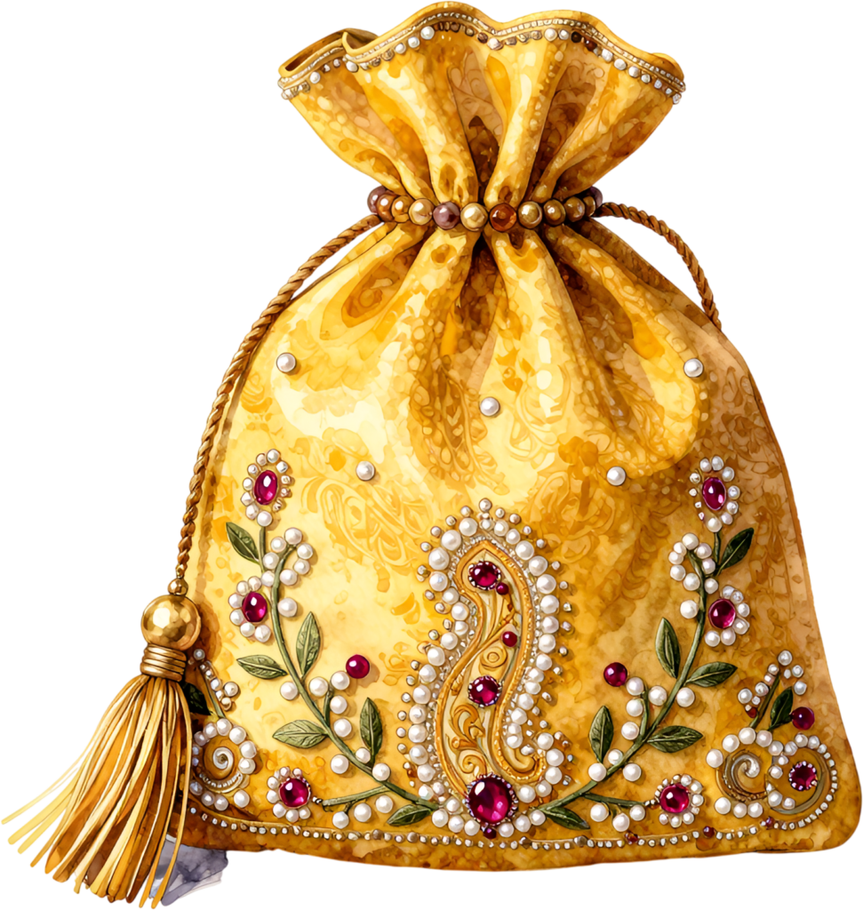 Illuminate your creations with this opulent Potli Bag, a golden-yellow treasure adorned with intricate paisley, ruby-like gems, and shimmering pearls, a dazzling Wedding Bag PNG illustration.