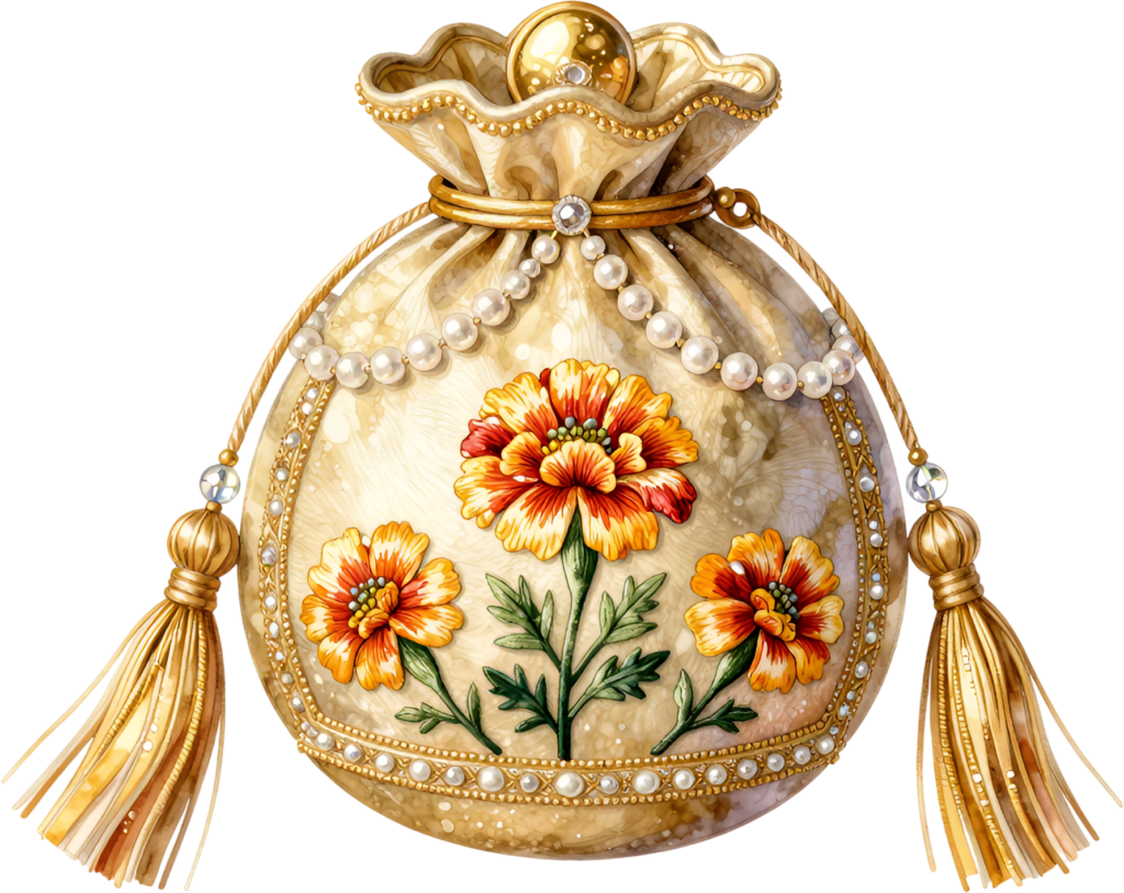 For festive designs, select this charming Potli Bag, an ivory delight showcasing cheerful marigold flowers and sparkling crystal accents, a delightful Wedding Bag PNG illustration.