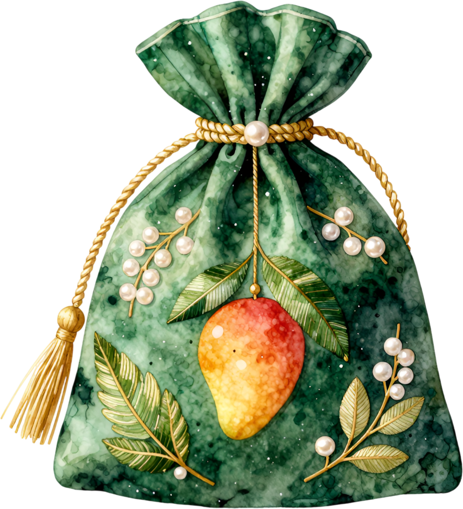 Infuse a touch of nature with this unique Potli Bag in deep green, featuring a realistic mango fruit, lush leaves, and delicate pearl berries, a refreshing Wedding Bag PNG illustration.