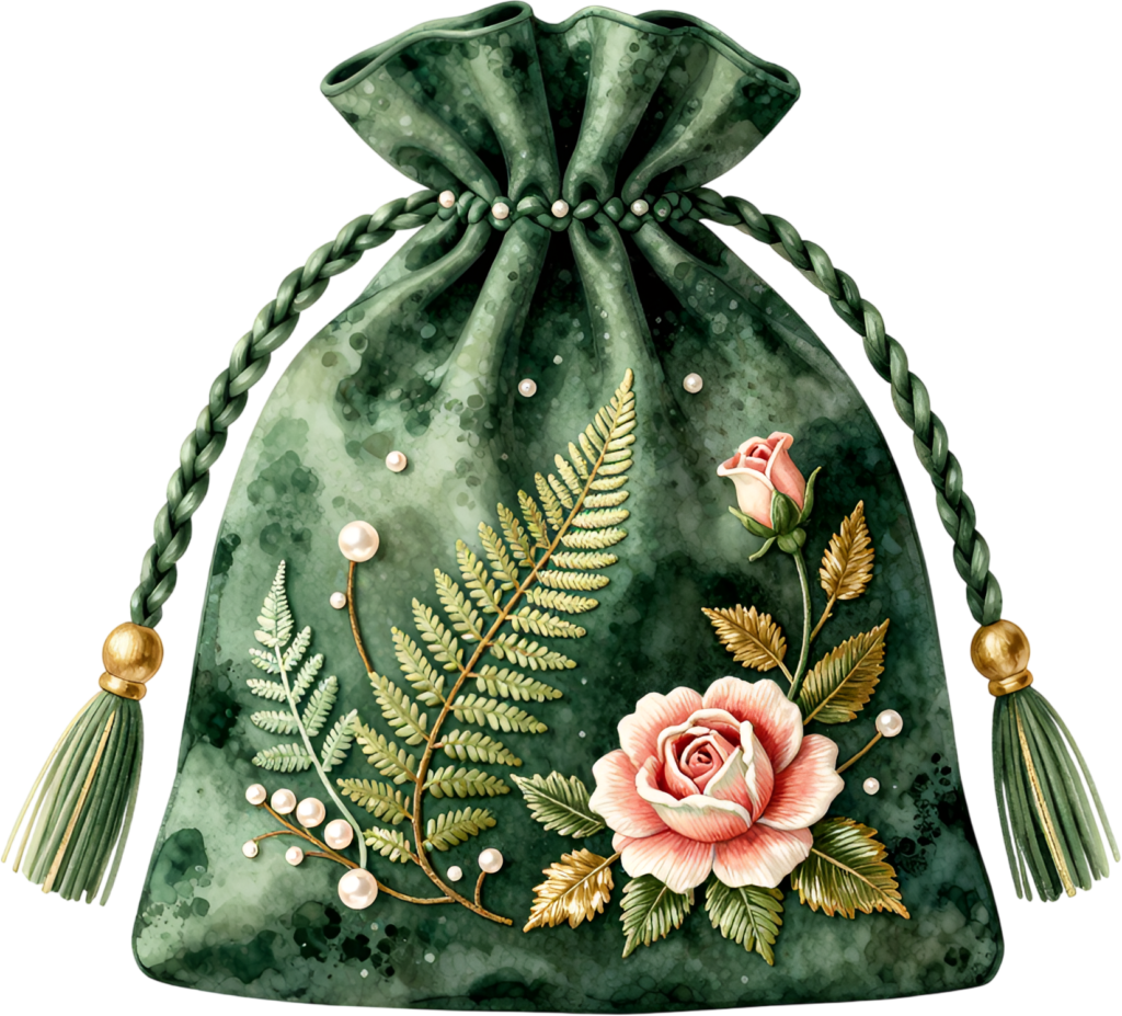 Evoke romance using this beautiful Potli Bag in dark green, adorned with soft pink roses, elegant fern leaves, and scattered pearls, a charming Wedding Bag PNG illustration.