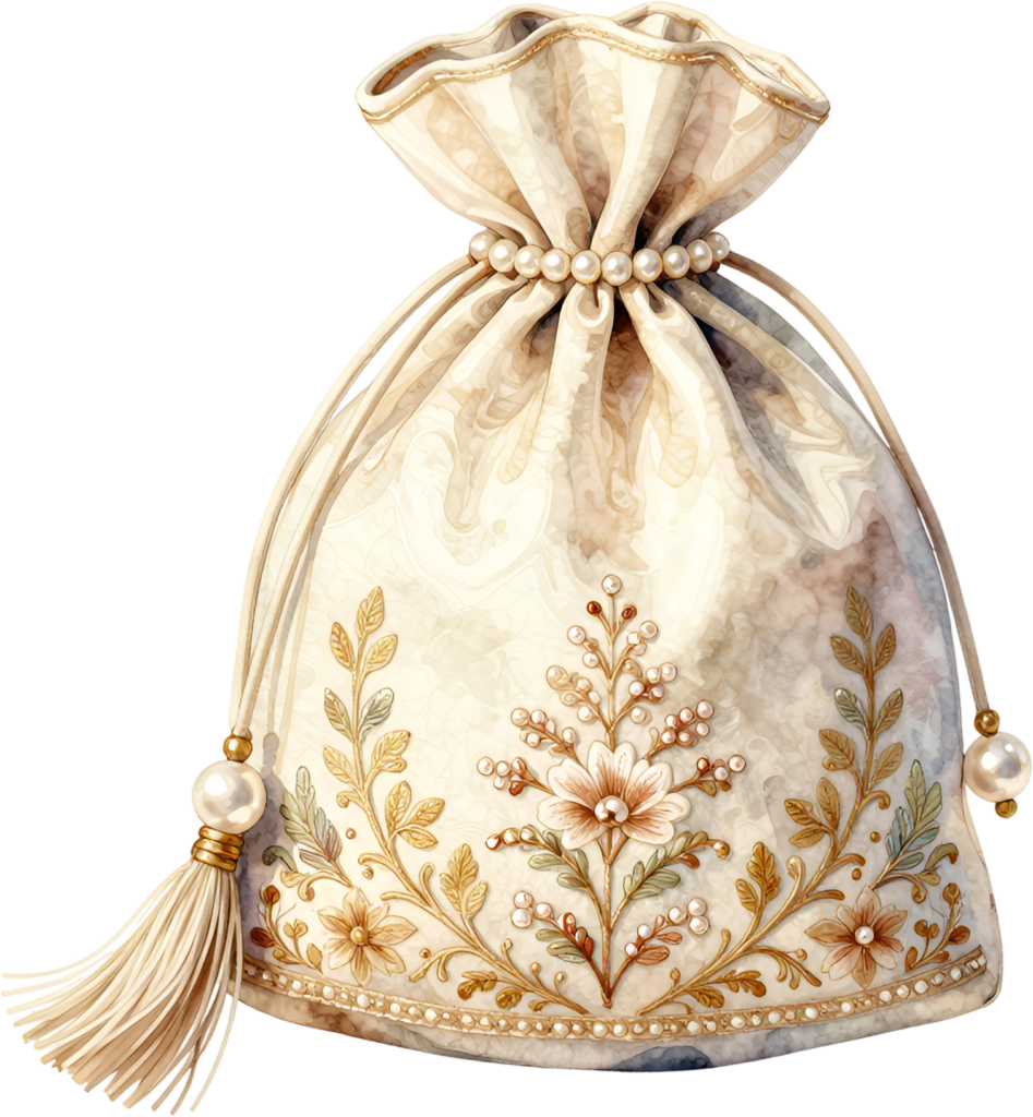 Adorn your craft projects with this delicate Potli Bag, an ivory canvas featuring intricate floral sprays and subtle pearl berry details, a refined Wedding Bag PNG illustration.