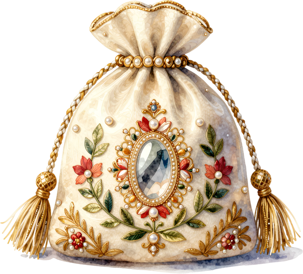 Emphasize luxury with this regal Potli Bag, an ivory base showcasing a prominent oval gem surrounded by red flowers and golden foliage, a grand Wedding Bag PNG illustration.