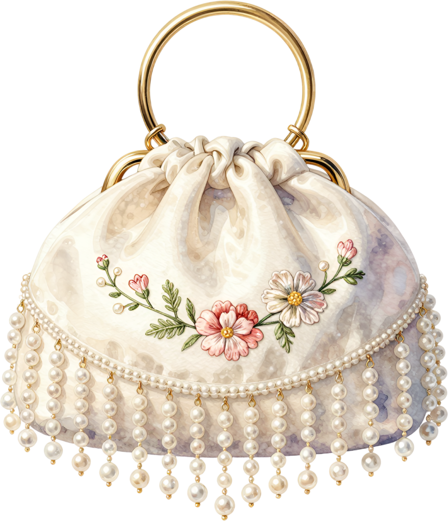 This elegant Drawstring Handbag, an ivory creation featuring a unique metal handle and cascading pearl fringe, is a stylish Wedding Bag PNG illustration.