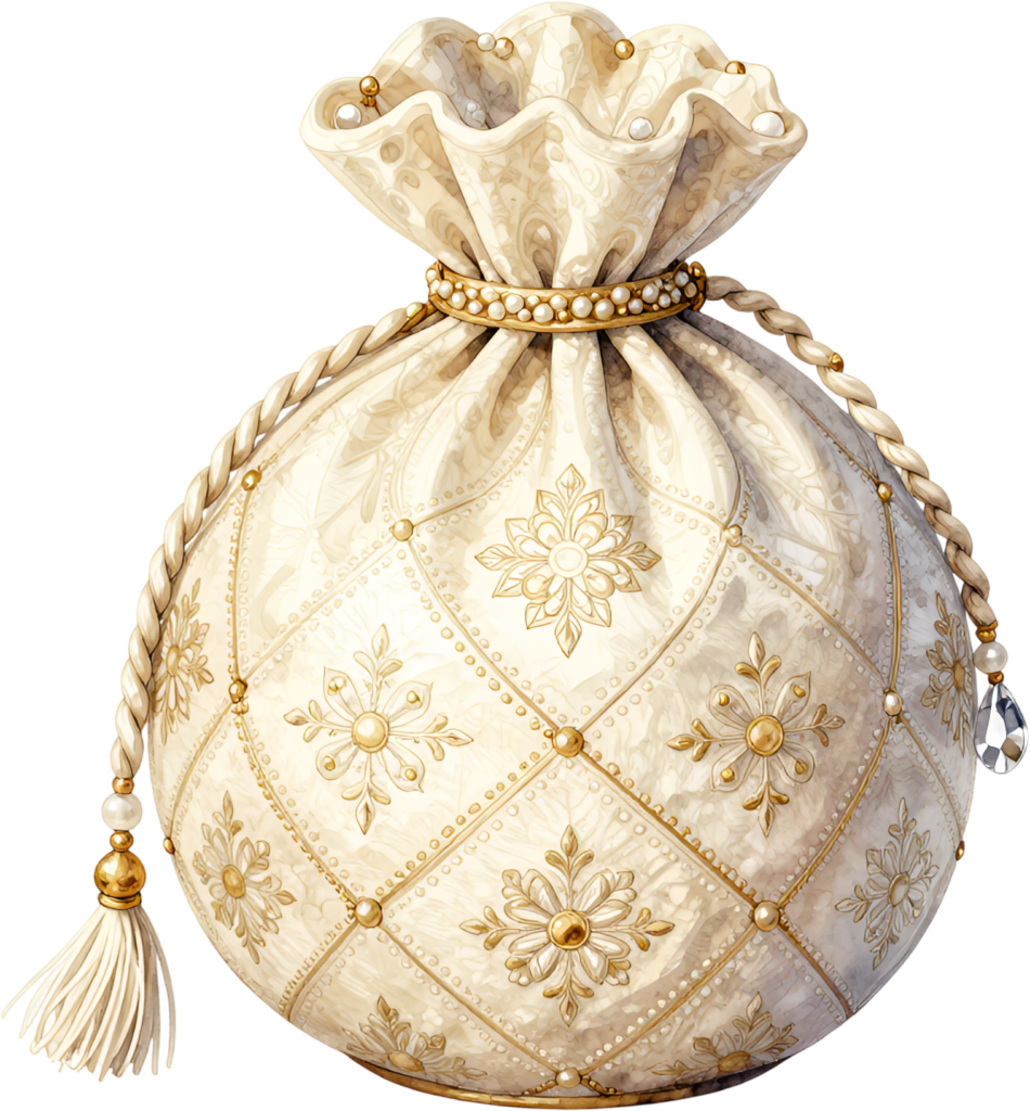 Round Potli Bag showcasing a sophisticated quilted pattern, embellished with gold medallions and shimmering pearls, for a truly distinctive Wedding Bag PNG illustration.