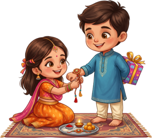 Featuring a kneeling sister, this charming Rakhi Brother Sister PNG illustration is great for unique festive creations