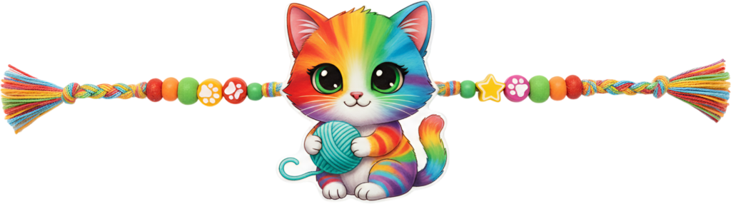 - Presenting a playful rainbow cat Rakhii, a vibrant PNG illustration holding a yarn ball, perfect for cheerful kids' merchandise and bright digital artwork Free PNG Download