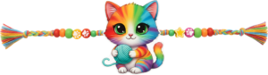 Presenting a playful rainbow cat Rakhii, a vibrant PNG illustration holding a yarn ball, perfect for cheerful kids’ merchandise and bright digital artwork