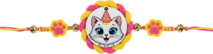 Mark special occasions with this festive party cat Rakhii, a cheerful PNG illustration adorned with a party hat and jingle bells for celebratory digital creations
