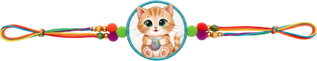 Obtain this delightful kitten Rakhi, a charming PNG artwork with a yarn ball and vibrant pom-poms, ideal for playful digital designs and cute illustrations 1 - Obtain this delightful kitten Rakhi, a charming PNG artwork with a yarn ball and vibrant pom-poms, ideal for playful digital designs and cute illustrations Free PNG Download