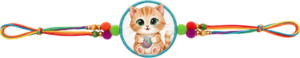 Obtain this delightful kitten Rakhi, a charming PNG artwork with a yarn ball and vibrant pom-poms, ideal for playful digital designs and cute illustrations