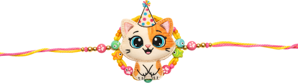 Acquire this unique embroidered cat Rakhii, a charming PNG character art illustration with a party hat and themed beads for festive digital embellishments 1 - Acquire this unique embroidered cat Rakhii, a charming PNG character art illustration with a party hat and themed beads for festive digital embellishments Free PNG Download