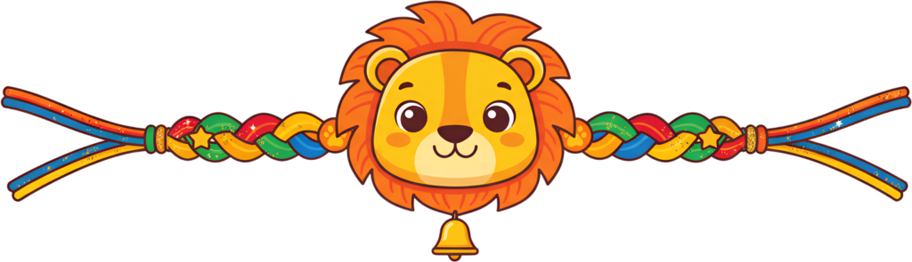 Brighten your projects with this charming lion cub Rakhi, a cheerful PNG artwork featuring a bell and rainbow braided threads for playful digital illustrations 1 - Brighten your projects with this charming lion cub Rakhi, a cheerful PNG artwork featuring a bell and rainbow braided threads for playful digital illustrations Free PNG Download