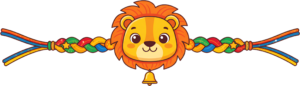 Brighten your projects with this charming lion cub Rakhi, a cheerful PNG artwork featuring a bell and rainbow braided threads for playful digital illustrations