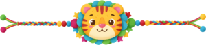 Explore this vibrant tiger cub Rakhi, a playful PNG artwork with a colorful mane and star accents, ideal for jungle-themed party supplies and energetic illustrations
